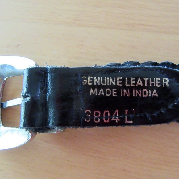 Vintage black woven unisex leather belt with silver engraved brass buckle - 38" - Picture 6 of 6